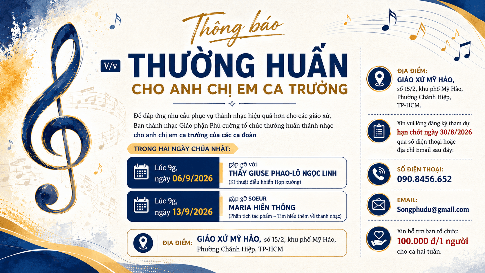 Ban Thánh nhạc Giáo phận Phú Cường thông báo Thường huấn cho anh chị em ca trưởng