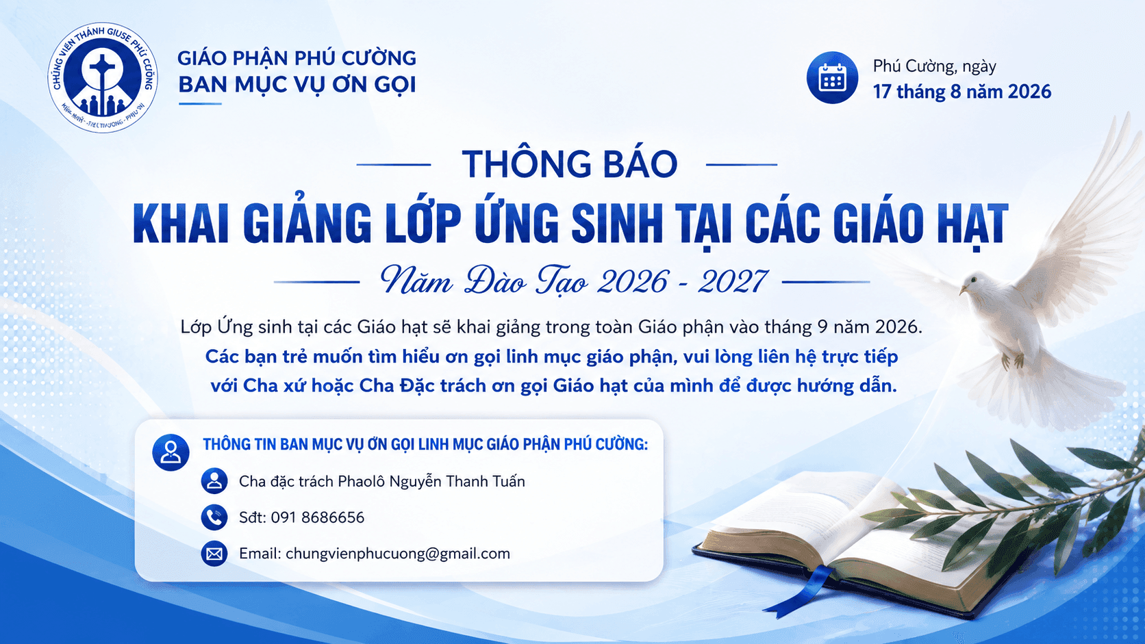    Ban Mục vụ Ơn gọi Giáo phận Phú Cường Thông báo 
khai giảng Lớp Ứng sinh tại các Giáo hạt

