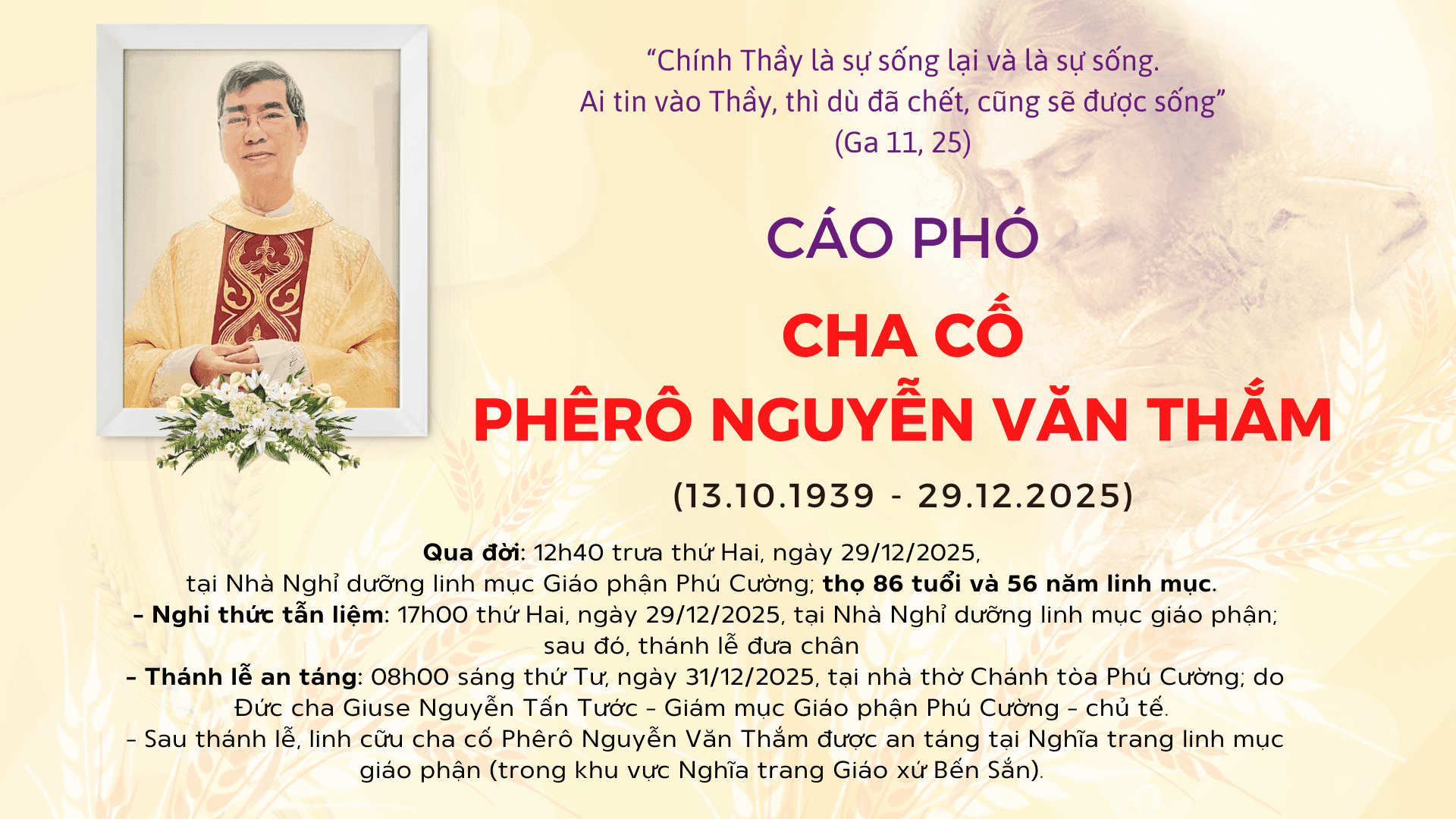 Cáo Phó: Cha Cố Phêrô Nguyễn Văn Thắm | Giáo Phận Phú Cường